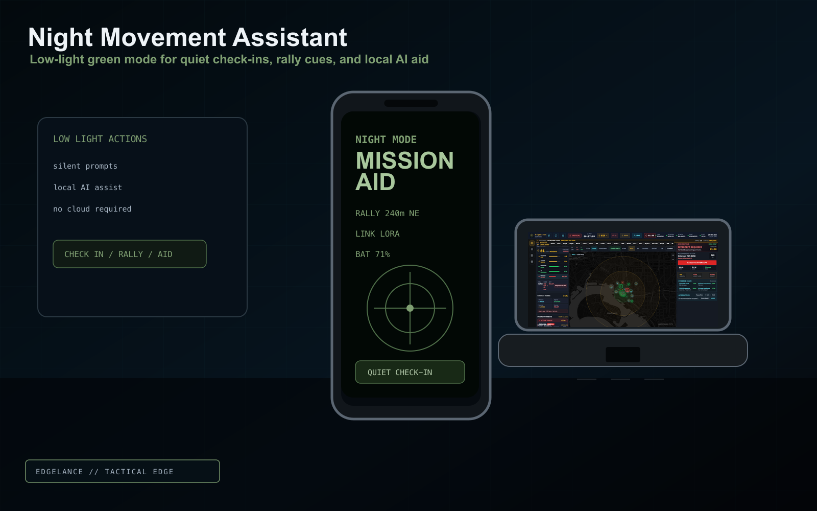EdgeLance night movement assistant showing an NVG-compatible phone display with local AI aid