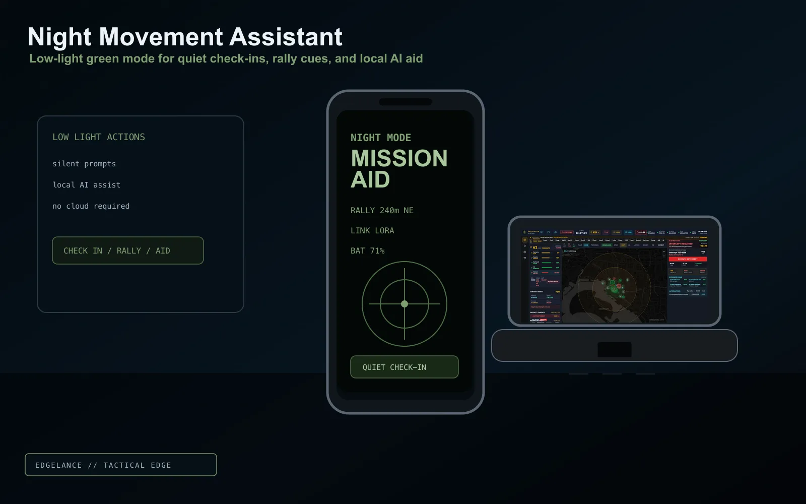EdgeLance night movement assistant showing an NVG-compatible phone display with local AI aid