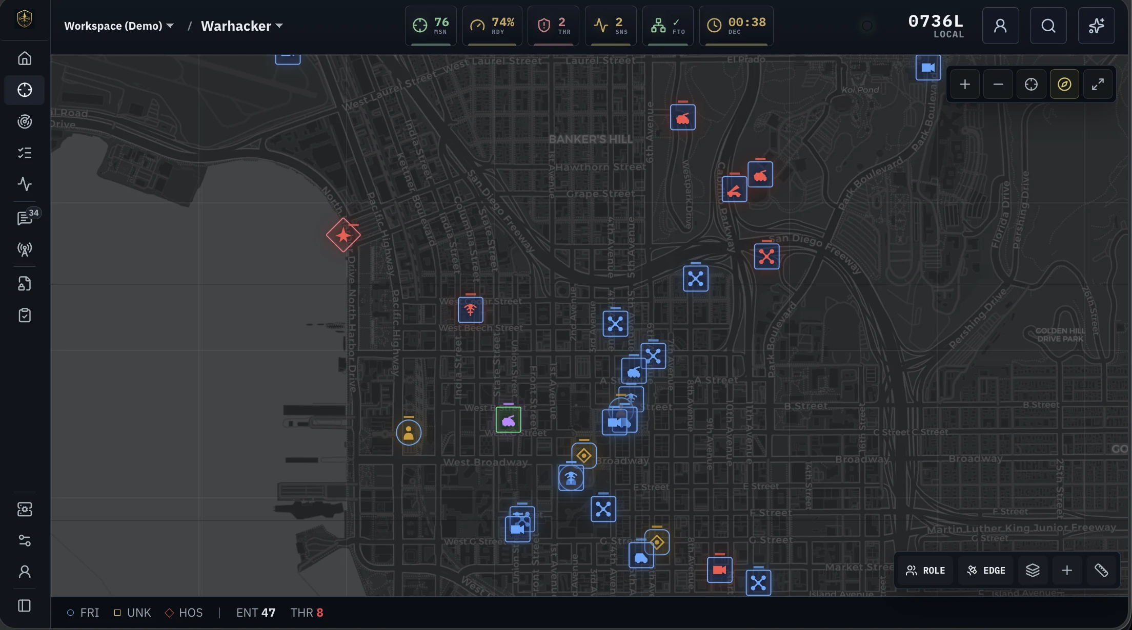 EdgeLance local tactical map showing friendly, unknown, and hostile mission entities