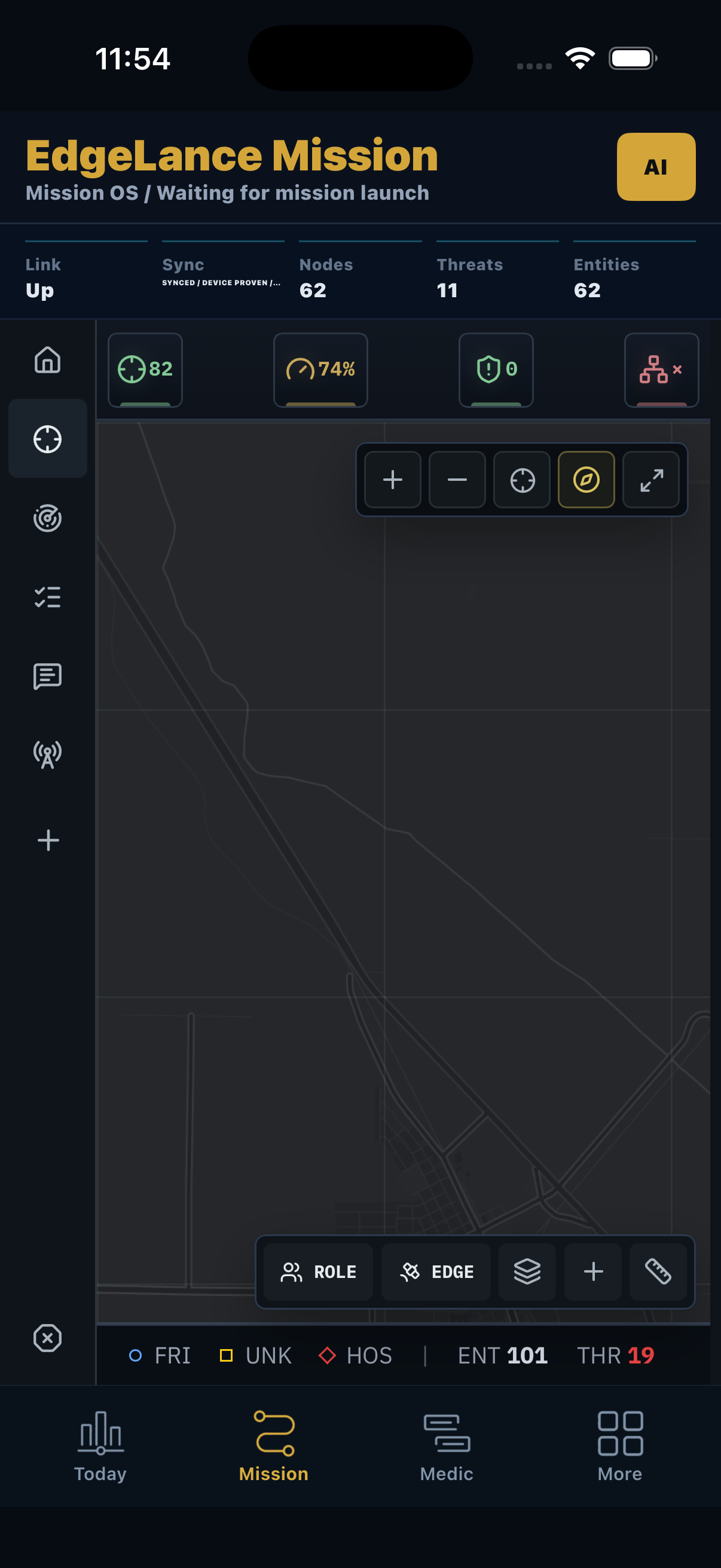 Portrait EdgeLance Mission mobile view showing local link and sync state, node and threat counts, readiness, role controls, and the tactical map