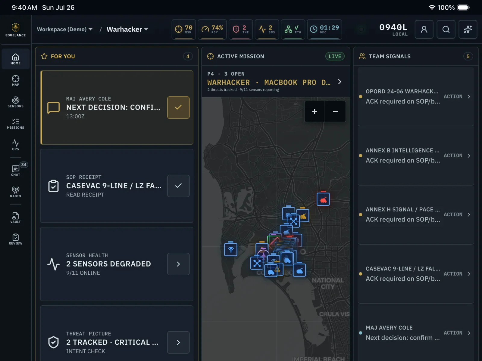 Landscape EdgeLance Warhacker command workspace on an iPad Pro showing mission score 70, readiness 74 percent, 2 threats, 9 of 11 sensors reporting, and the shared tactical map